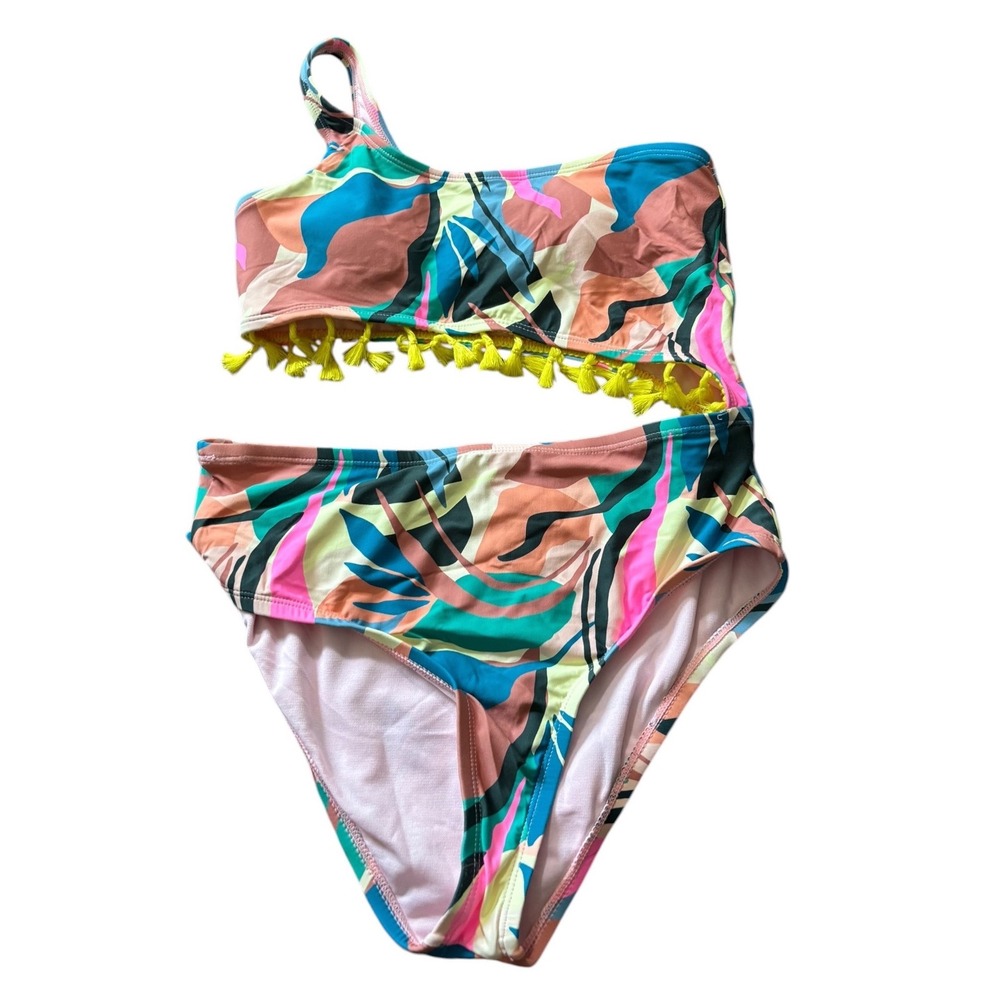 Beach Lingo Girls One Shoulder Tropical Tassel Monokini Swimsuit Multicolor‎ 16